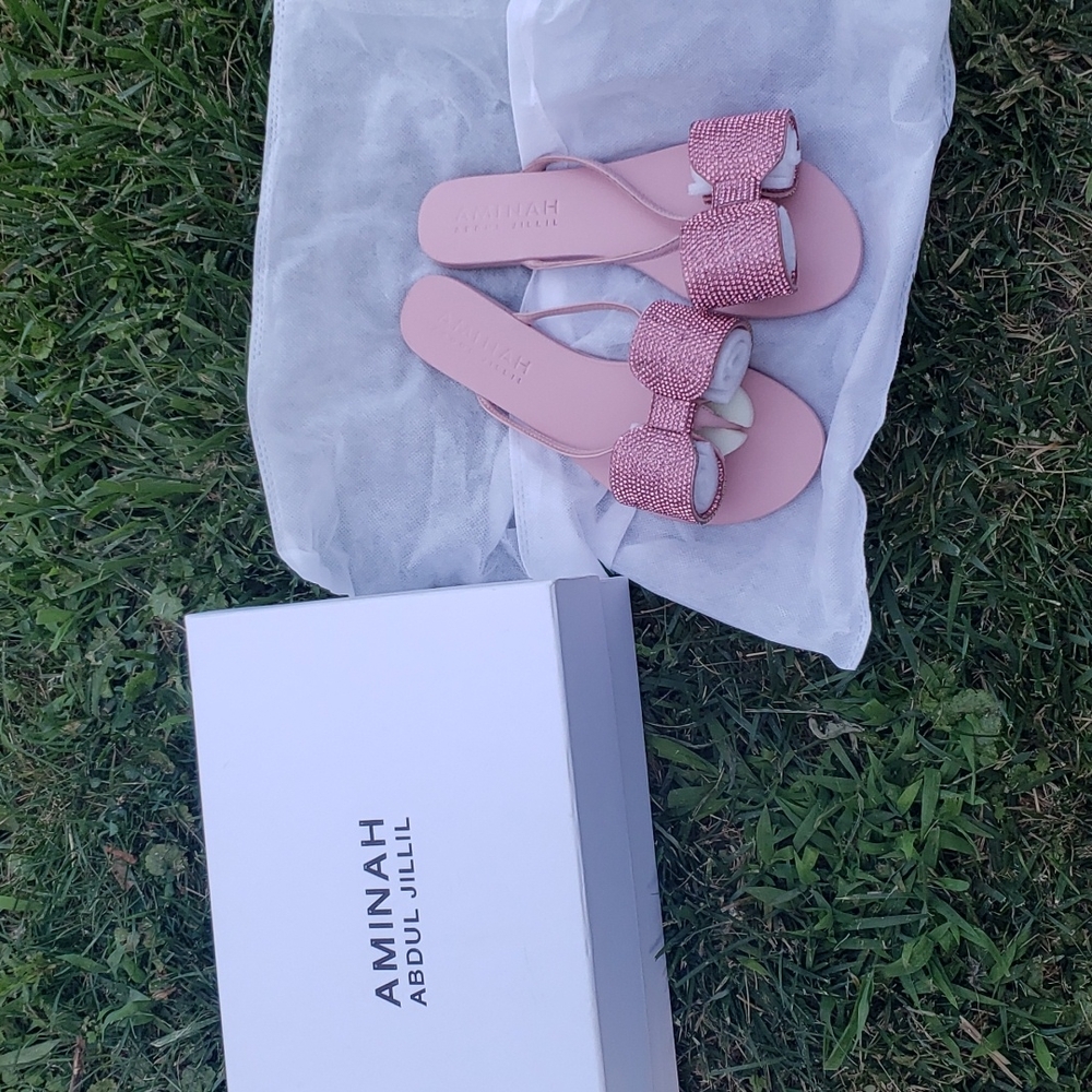 Aminah Abdul Jillil pink crystal bow suede flip flops